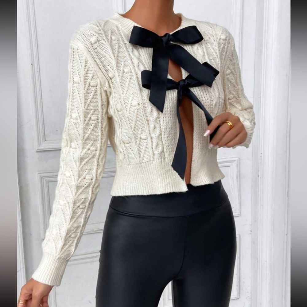 Cream black satin Bowtie Knit Tie Front Cardigan two tone sweater - Picture 3 of 4